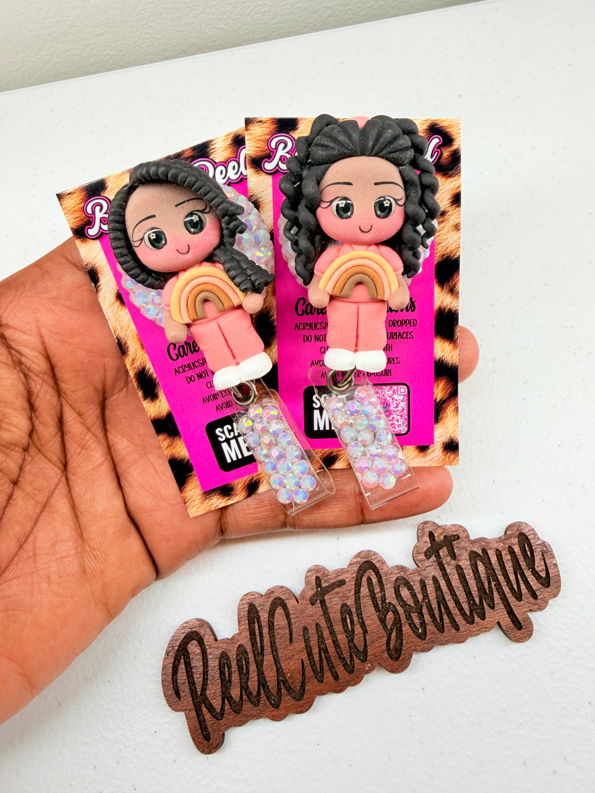 Coral Rainbow Clay Girl Badge Reel | Cute Character ID Badge Holder | Rhinestone Badge Reel