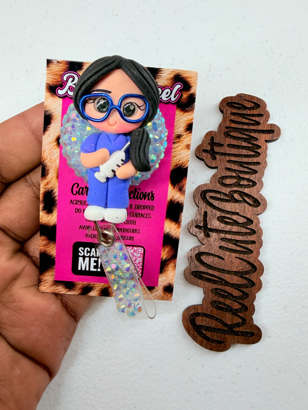 Nurse Lab Phlebotomist Bedazzled Badge Reel | Clay Nurse Doll | Laboratory & Blood Draw Tech Badge Holder | Healthcare ID Reel