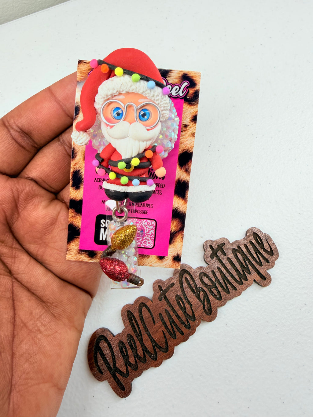 Clay Santa BELT CLIP Badge Reel | Rhinestone Christmas ID Badge Holder | Holiday Badge Reel