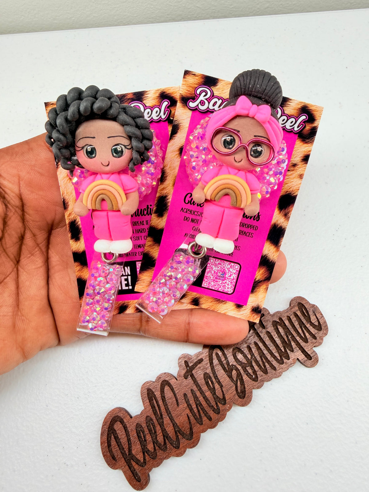Pink Rainbow Clay Girl Badge Reel | Cute Character ID Badge Holder | Rhinestone Badge Reel