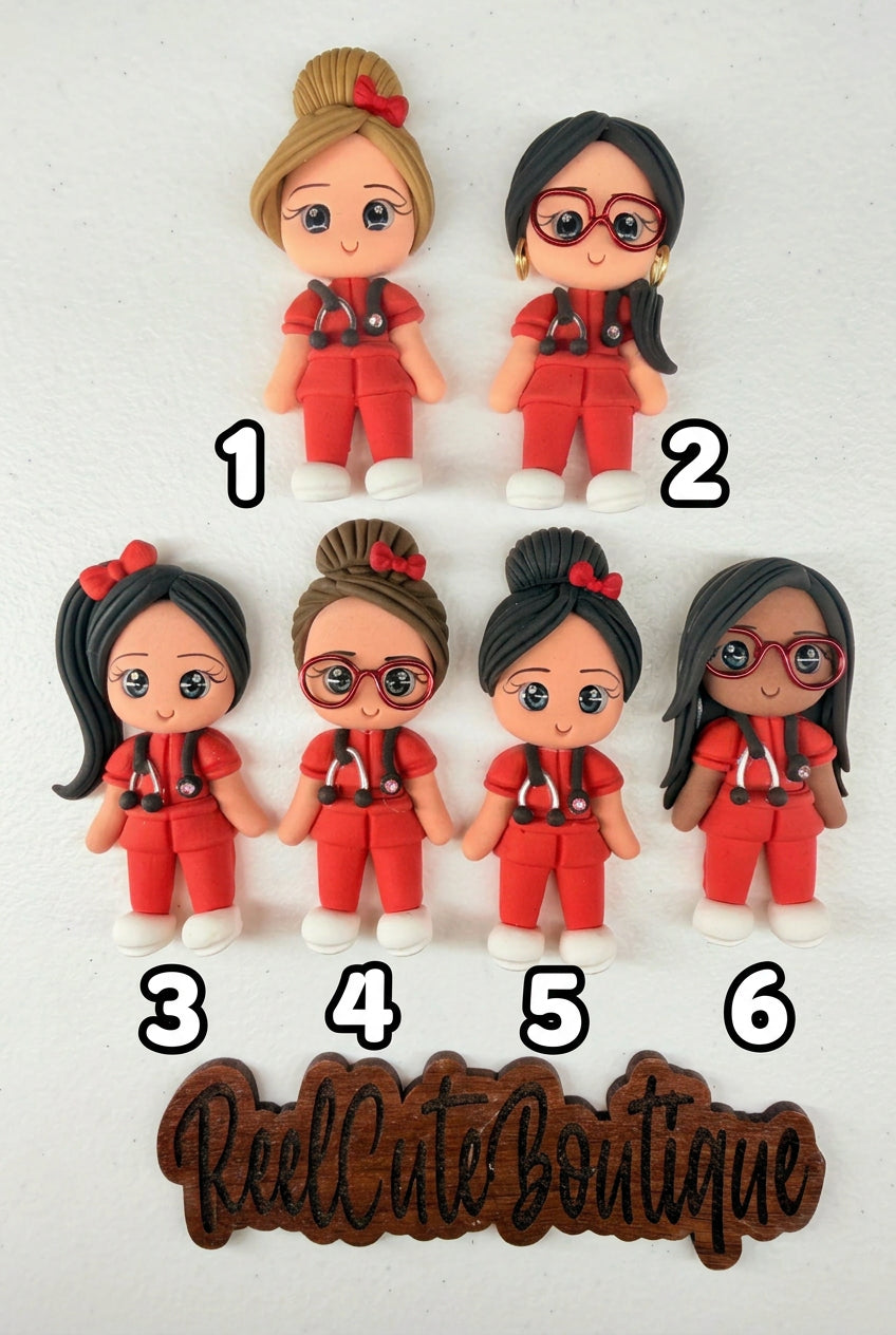 Healthcare Girl Clay Red Scrubs Figure Badge Reel | Rhinestone Embellished ID Holder