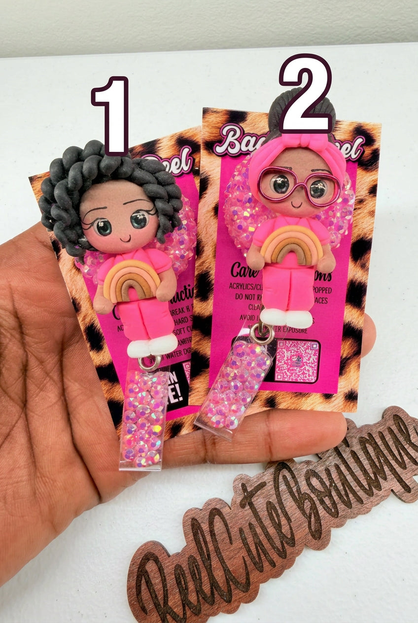 Pink Rainbow Clay Girl Badge Reel | Cute Character ID Badge Holder | Rhinestone Badge Reel