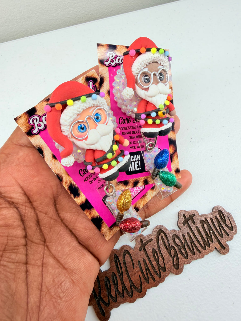 Clay Santa BELT CLIP Badge Reel | Rhinestone Christmas ID Badge Holder | Holiday Badge Reel