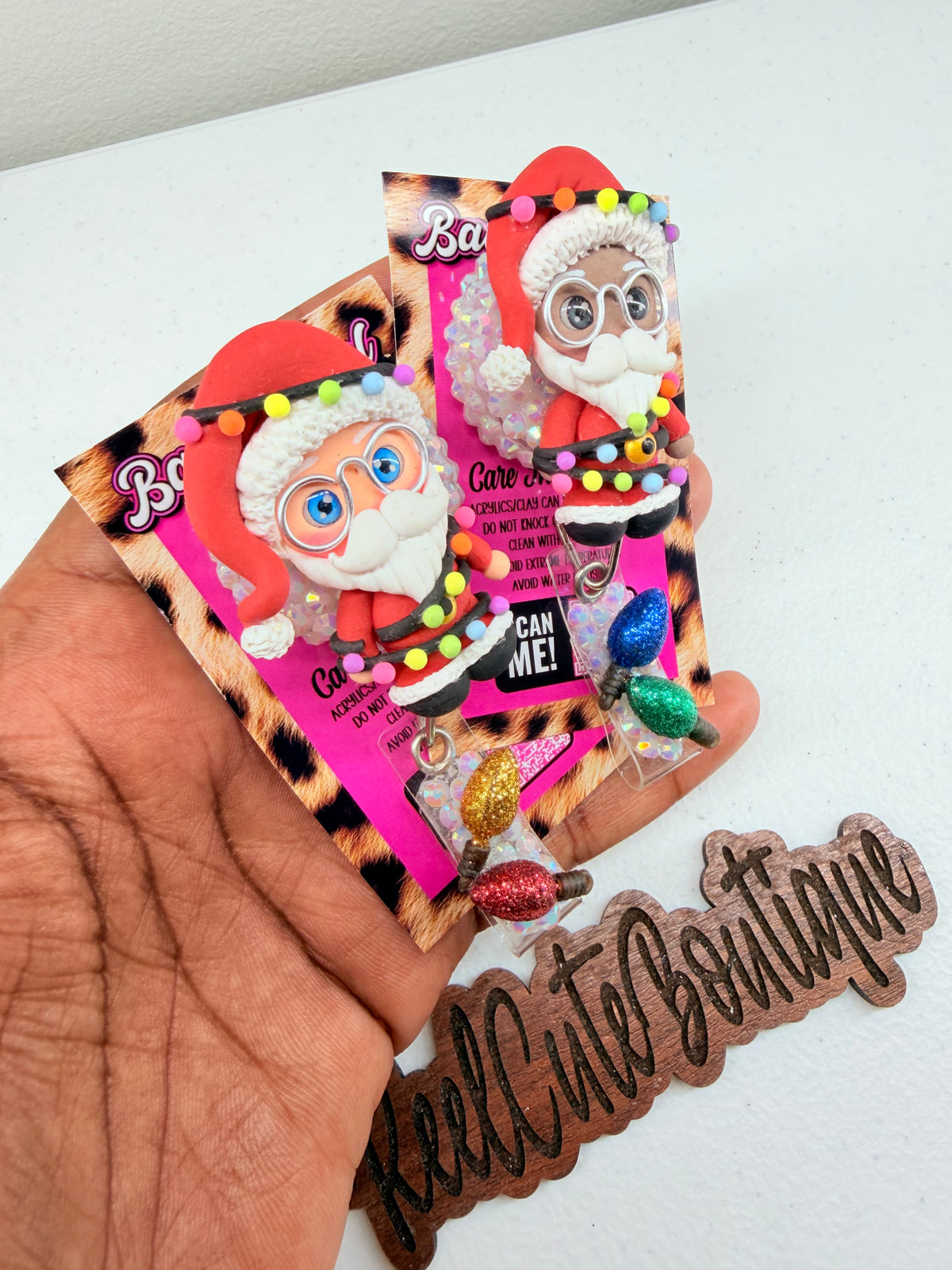 Clay Santa BELT CLIP Badge Reel | Rhinestone Christmas ID Badge Holder | Holiday Badge Reel