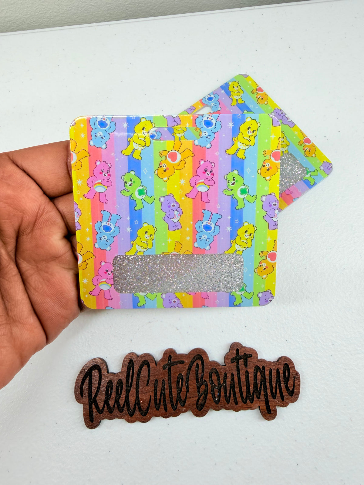Emotion Bear Horizontal Glitter Acrylic Badge Buddy | Retro 2000s ID Badge Backer | Standard Size