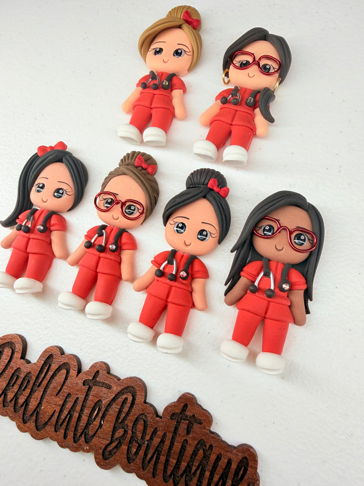 Healthcare Girl Clay Red Scrubs Figure Badge Reel | Rhinestone Embellished ID Holder