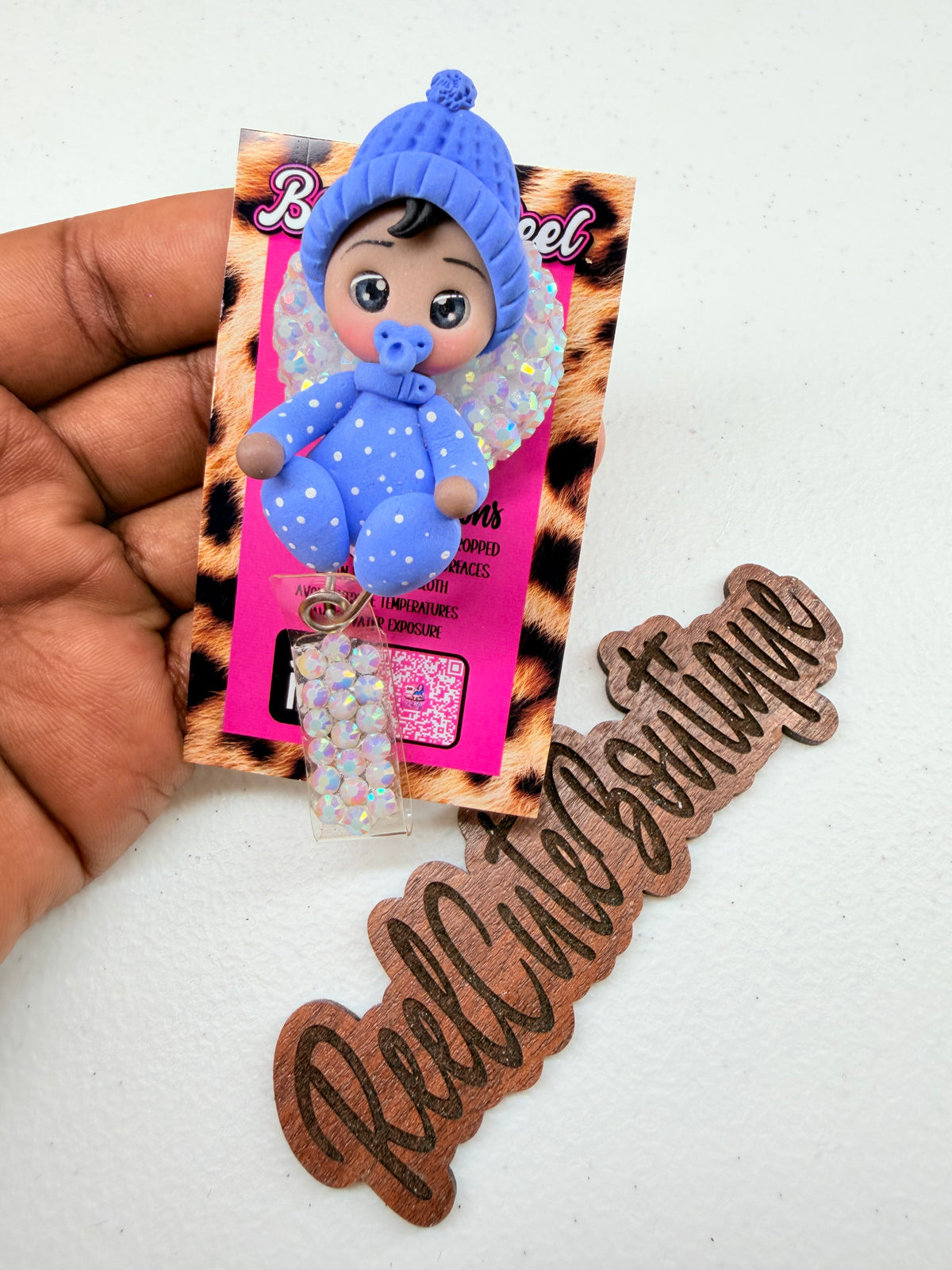 Baby Boy NICU Nurse Bedazzled Badge Reel | Clay Baby Boy Design | Pediatrics, Mother Baby & Neonatal Nurse Badge Holder | Healthcare ID Reel