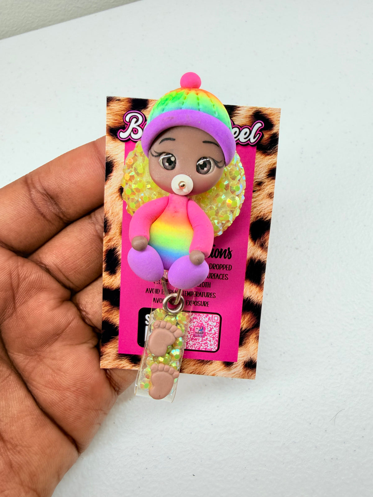 Rainbow Clay Baby Badge Reel | Cute Baby ID Badge Holder | Rhinestone Badge Reel
