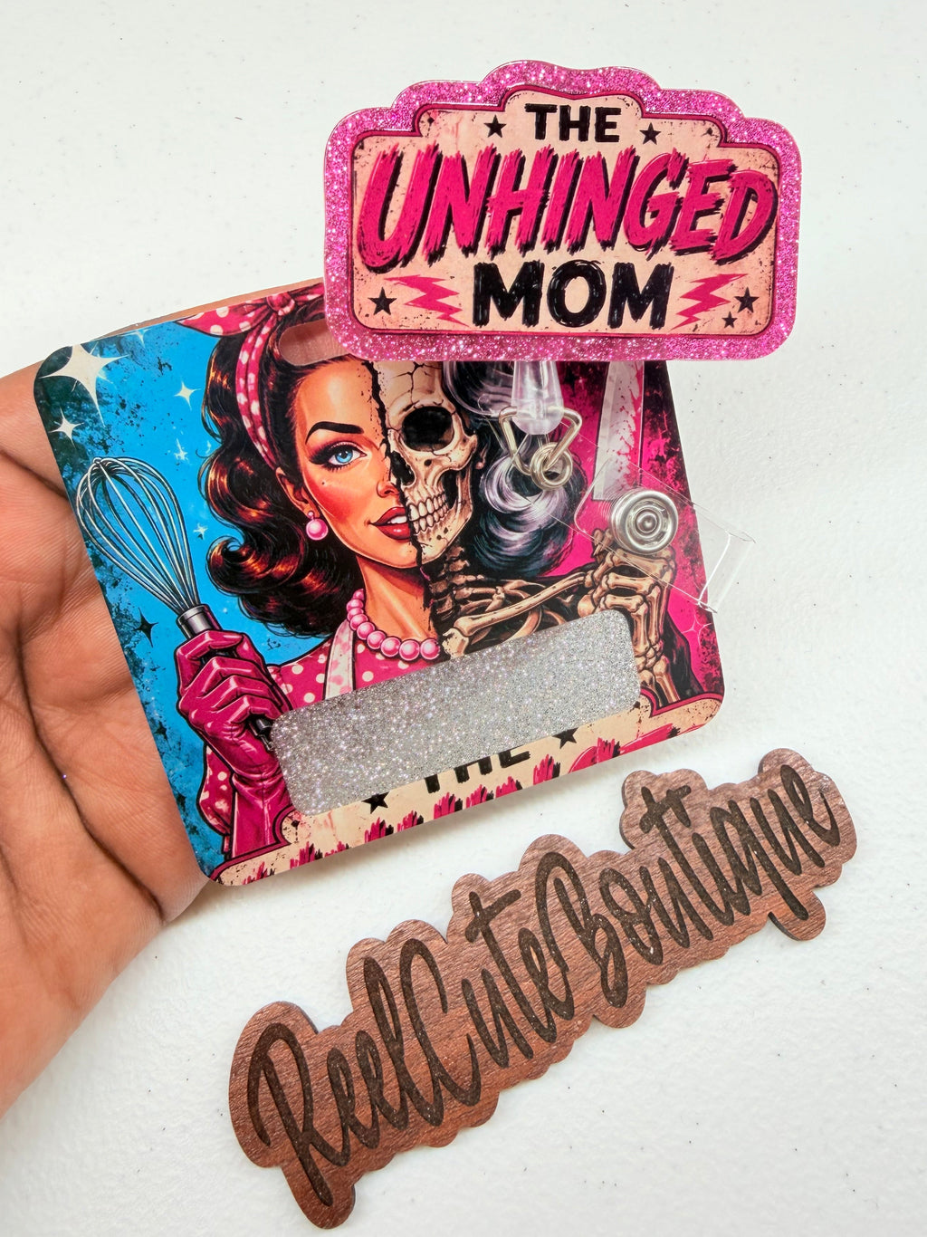The Unhinged Mom Badge Reel Buddy Set | Funny Mom & Cat Retractable ID Holder