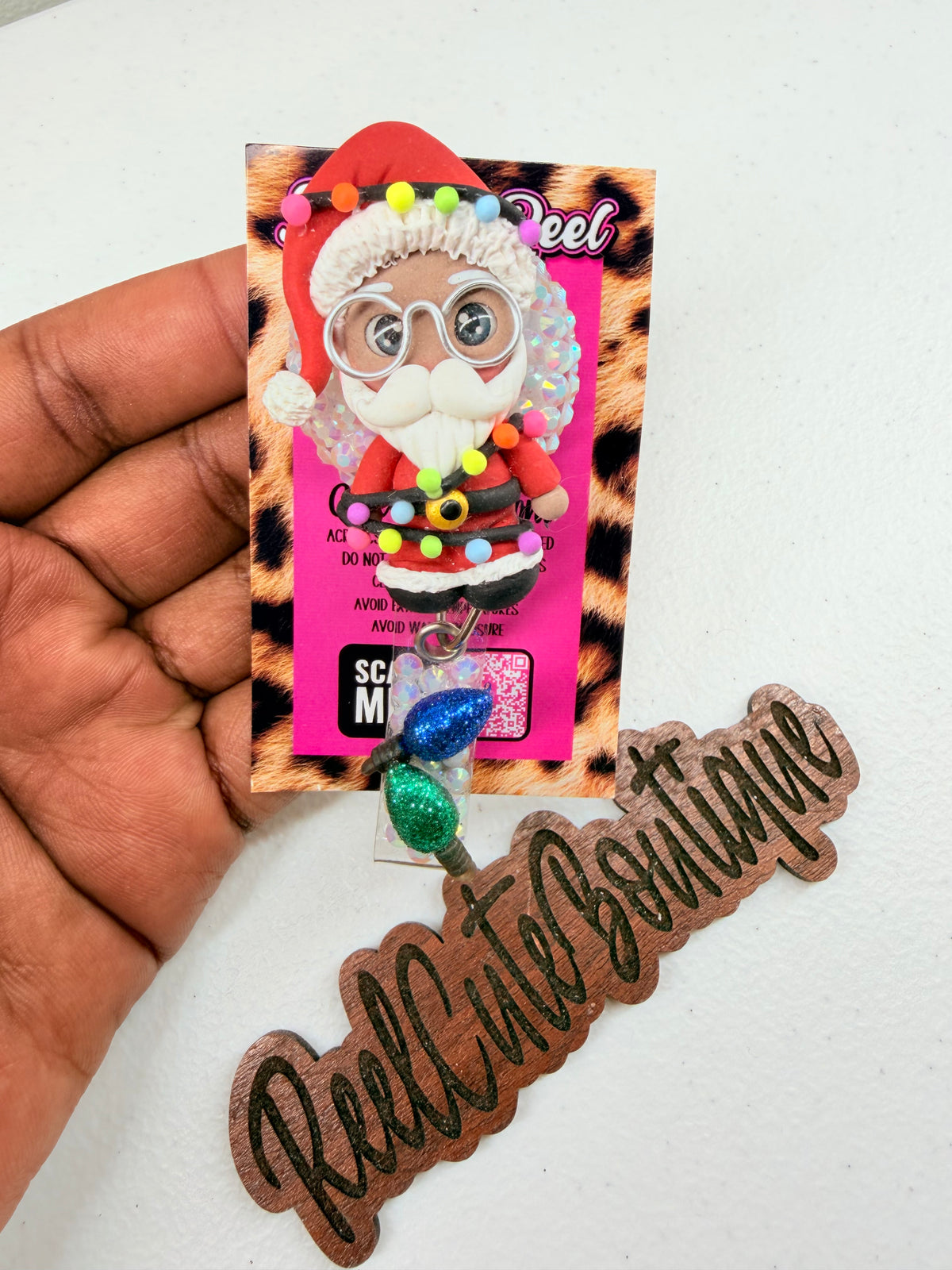 Clay Santa BELT CLIP Badge Reel | Rhinestone Christmas ID Badge Holder | Holiday Badge Reel