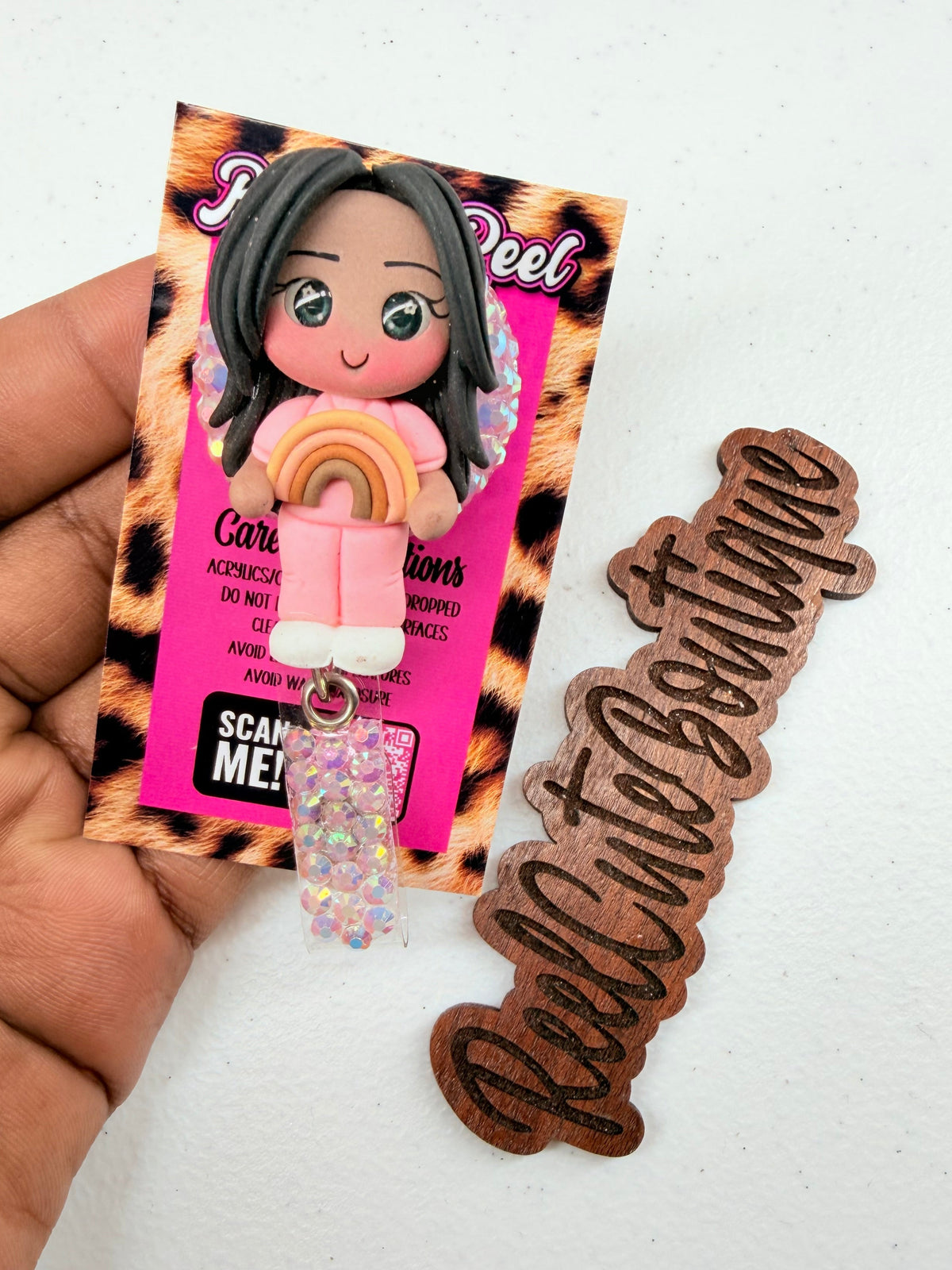 Melanin Rainbow Girl Bedazzled Badge Reel | Clay Doll Holding Rainbow | Black Girl Magic Badge Holder | Healthcare ID Reel