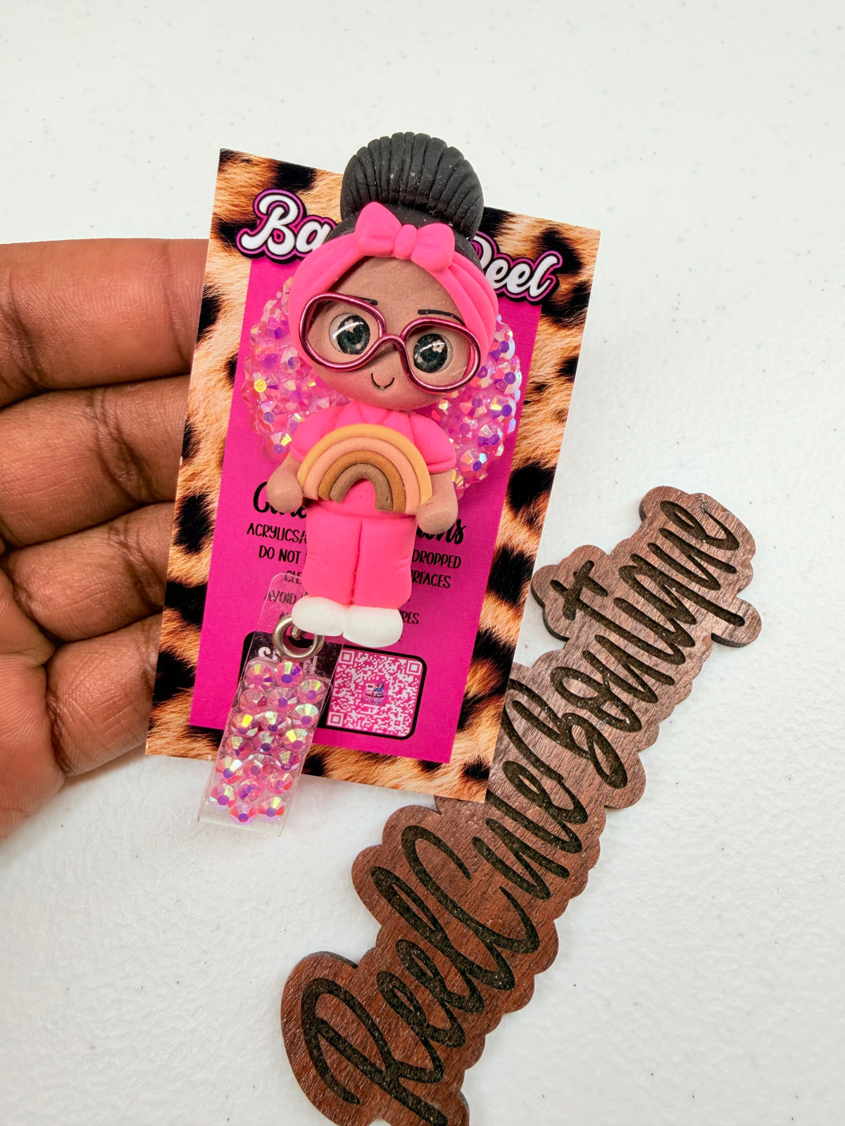 Pink Rainbow Clay Girl Badge Reel | Cute Character ID Badge Holder | Rhinestone Badge Reel
