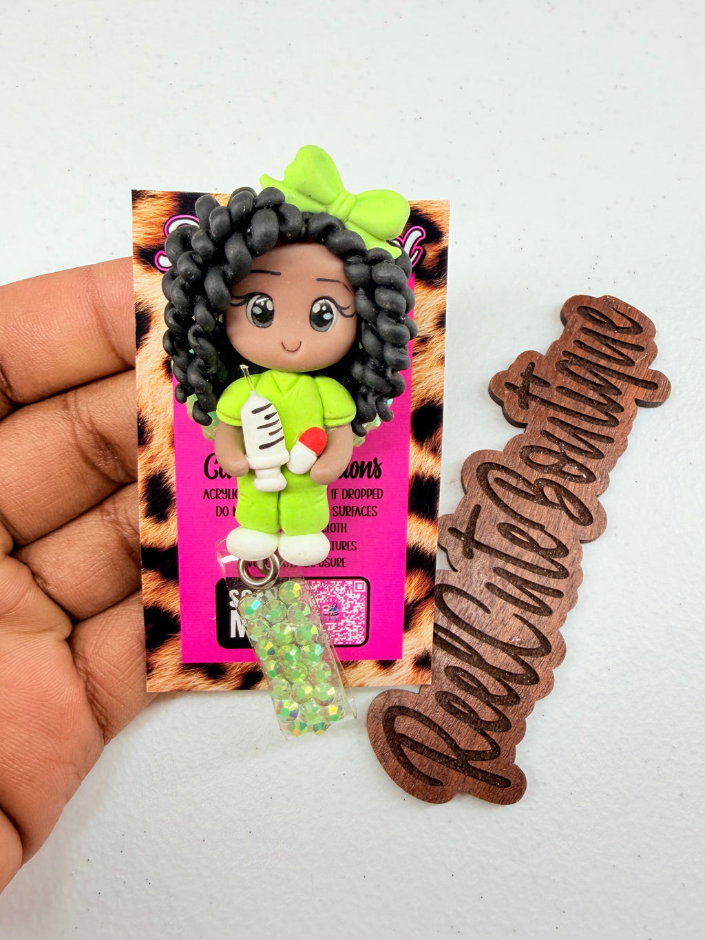 Nurse Pharmacy Bedazzled Badge Reel | Clay Nurse Doll | Medication & Pharmacy Themed Badge Holder | Healthcare Worker ID Reel