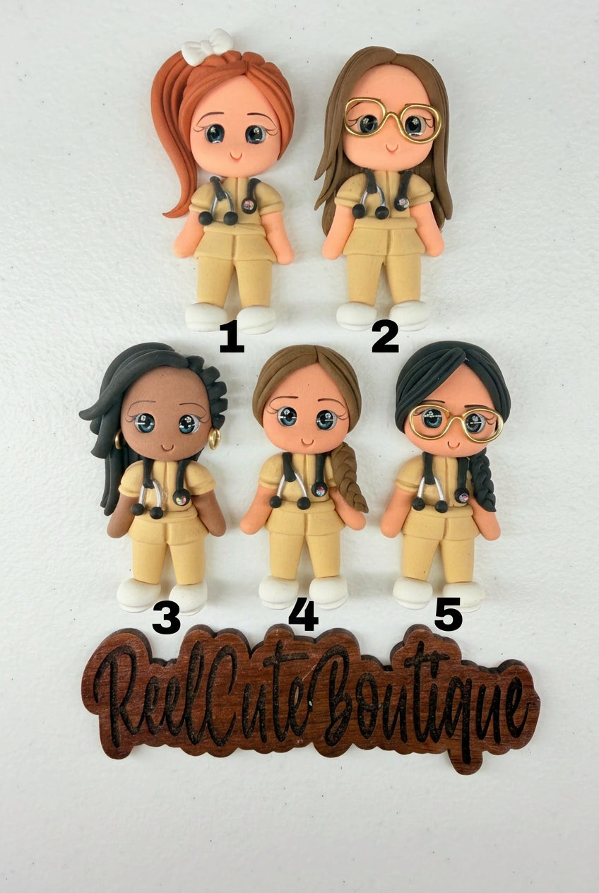 Healthcare Girl Clay Tan Scrubs Figure Badge Reel | Rhinestone Embellished ID Holder