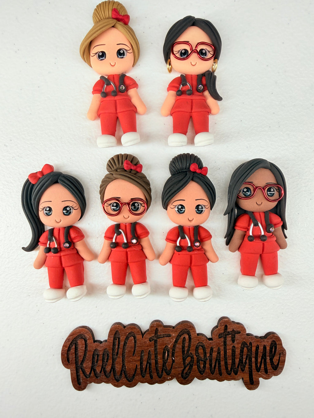 Healthcare Girl Clay Red Scrubs Figure Badge Reel | Rhinestone Embellished ID Holder