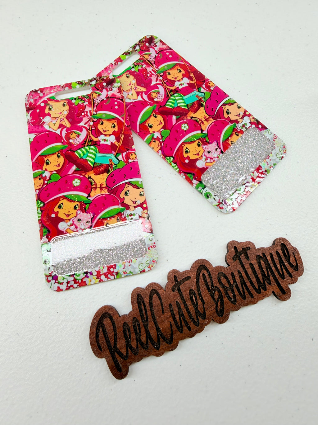 Strawberry Girl Vertical Glitter Acrylic Badge Buddy | Retro 2000s ID Badge Backer | Standard Size
