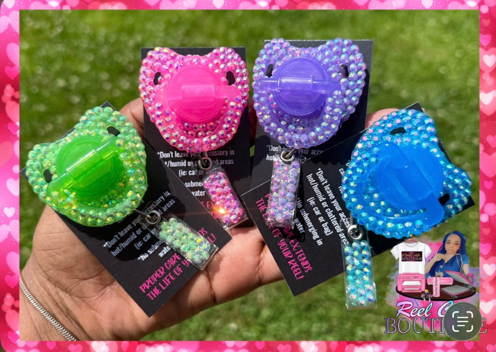 Bedazzled Pacifier Badge Reel | Rhinestone Bling Pacifier ID Holder | Cute Retractable Badge Reel