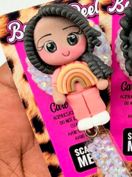 Coral Rainbow Clay Girl Badge Reel | Cute Character ID Badge Holder | Rhinestone Badge Reel
