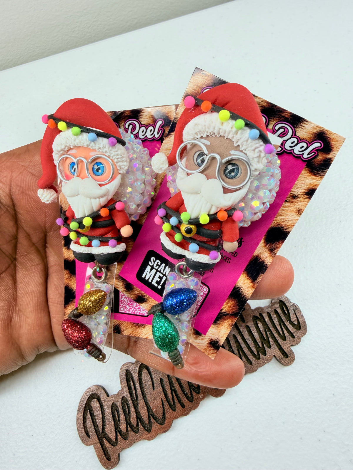 Clay Santa BELT CLIP Badge Reel | Rhinestone Christmas ID Badge Holder | Holiday Badge Reel