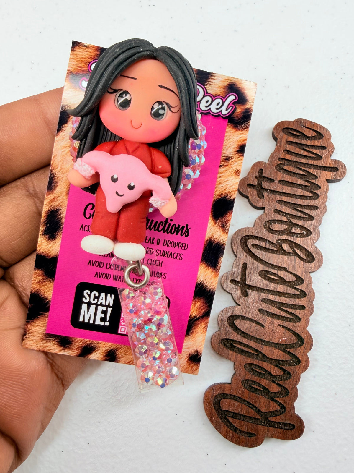 Women’s Health Nurse Bedazzled Badge Reel | Clay Nurse Doll Holding Uterus | OB/GYN & Gynecology Nurse Badge Holder | Healthcare ID Reel