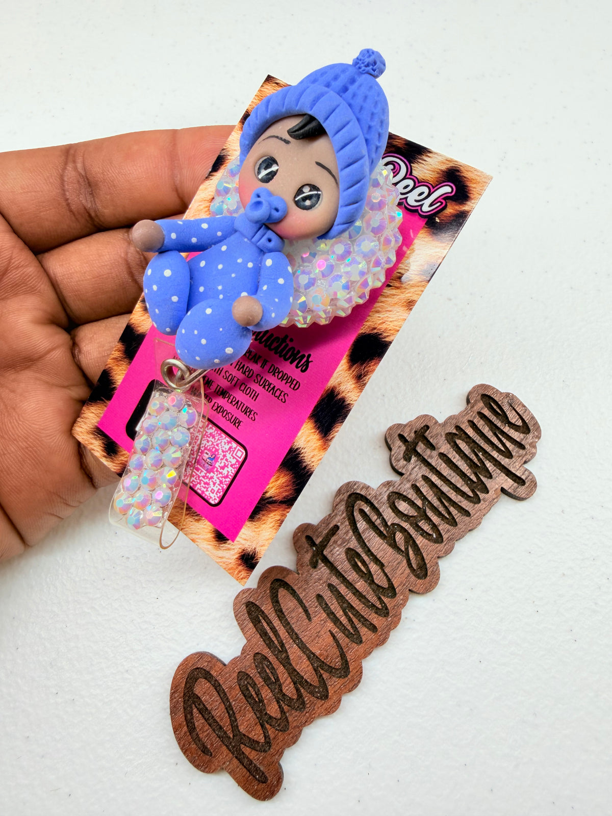 Baby Boy NICU Nurse Bedazzled Badge Reel | Clay Baby Boy Design | Pediatrics, Mother Baby & Neonatal Nurse Badge Holder | Healthcare ID Reel