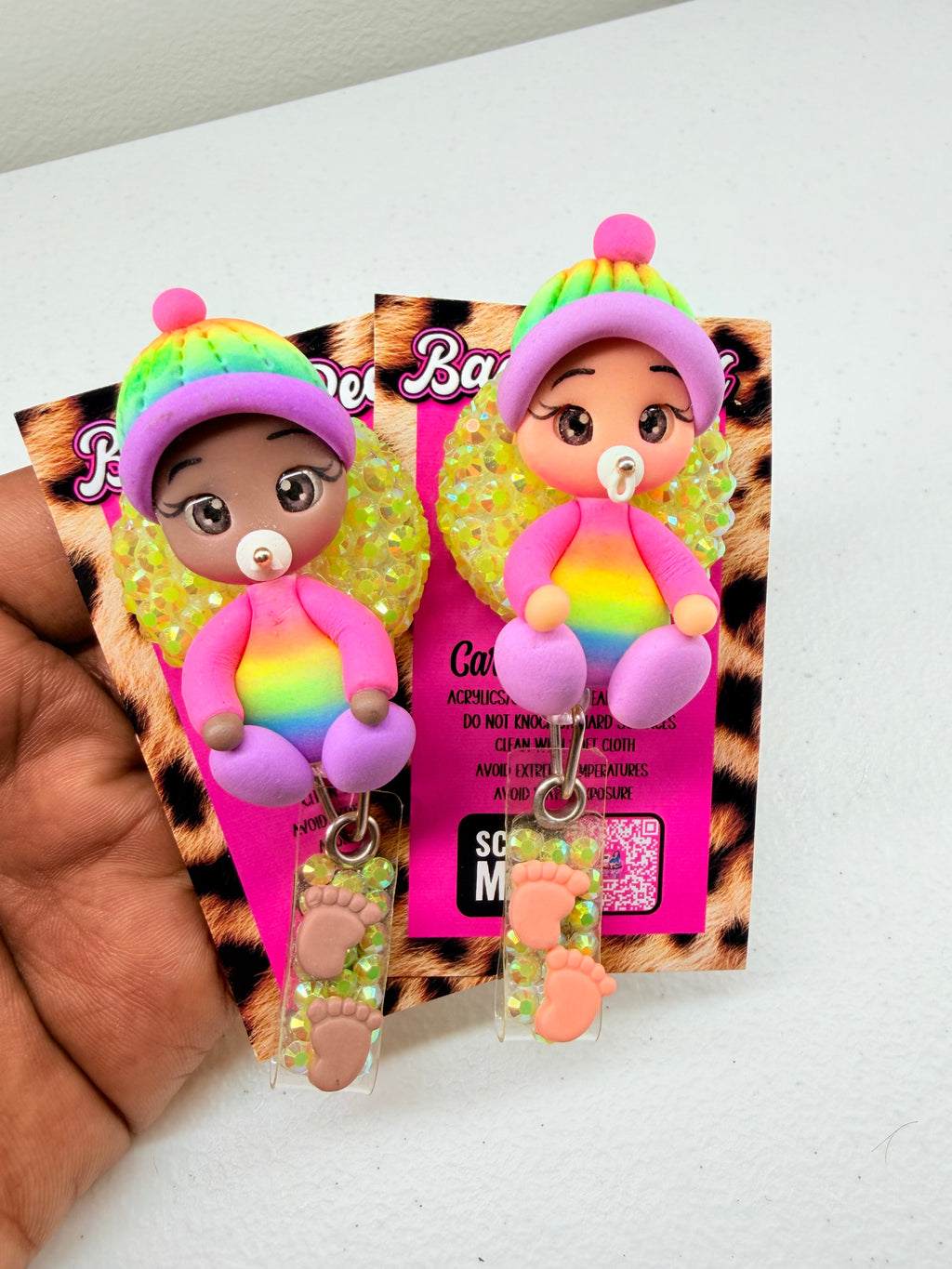 Rainbow Clay Baby Badge Reel | Cute Baby ID Badge Holder | Rhinestone Badge Reel
