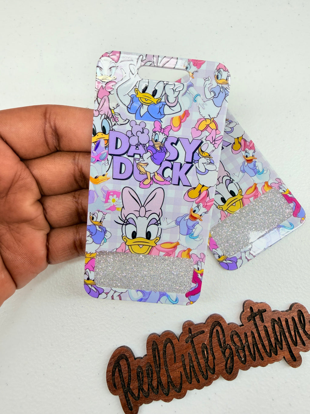 Girly Duck Girl Vertical Glitter Acrylic Badge Buddy | Retro 2000s ID Badge Backer | Standard Size