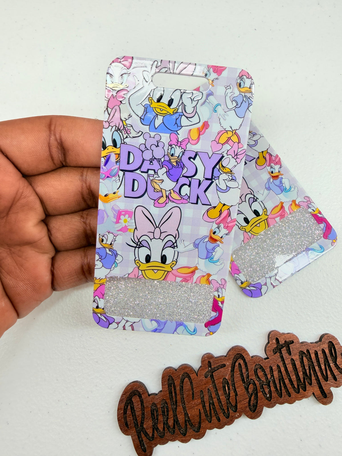 Girly Duck Girl Vertical Glitter Acrylic Badge Buddy | Retro 2000s ID Badge Backer | Standard Size