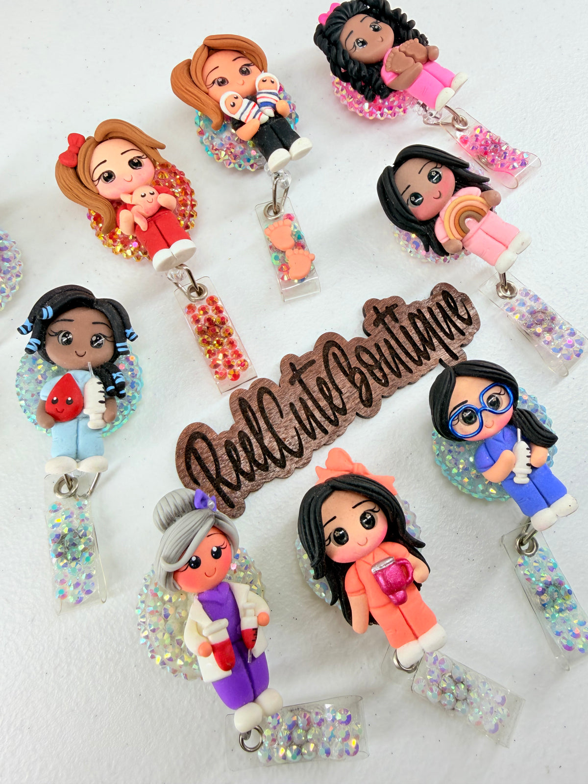 Healthcare Girl Clay Figure Badge Reel | Rhinestone Embellished ID Holder