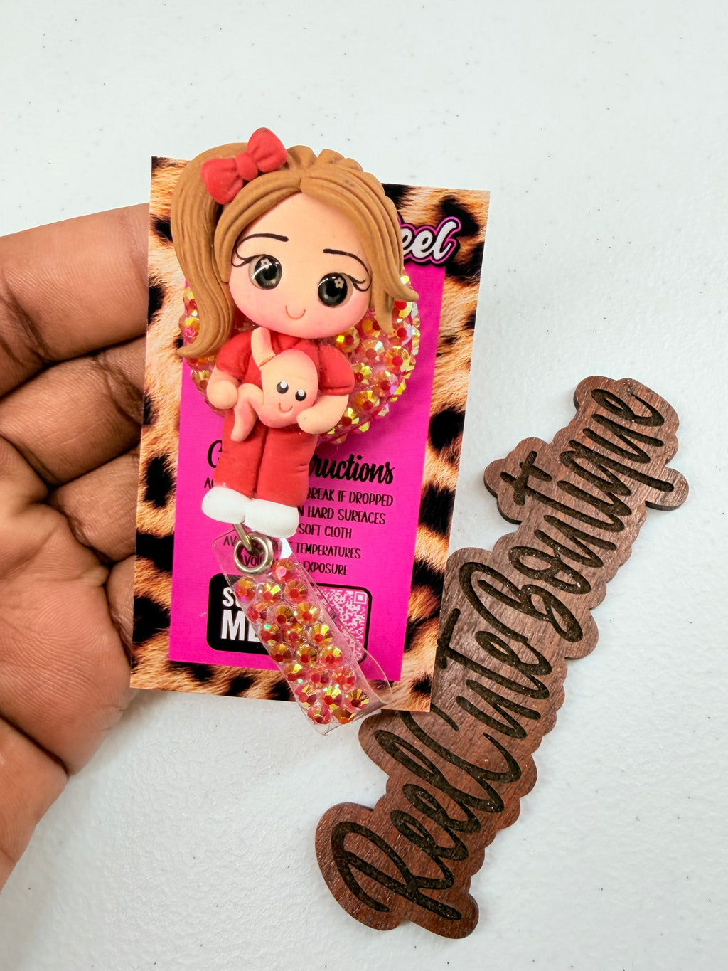 Women’s Health Nurse Bedazzled Badge Reel | Clay Nurse Doll Holding Uterus | OB/GYN & Gynecology Nurse Badge Holder | Healthcare ID Reel