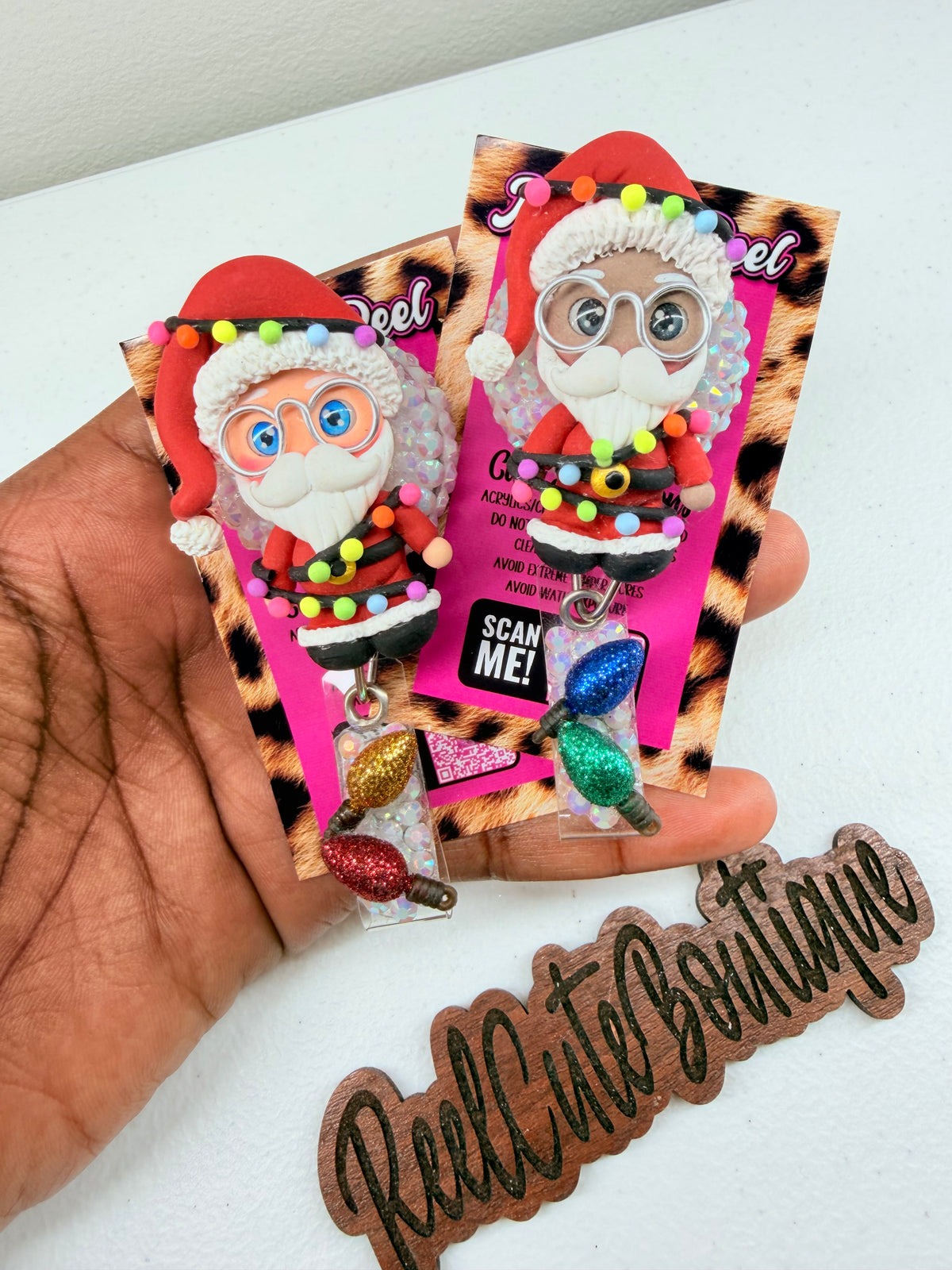 Clay Santa BELT CLIP Badge Reel | Rhinestone Christmas ID Badge Holder | Holiday Badge Reel