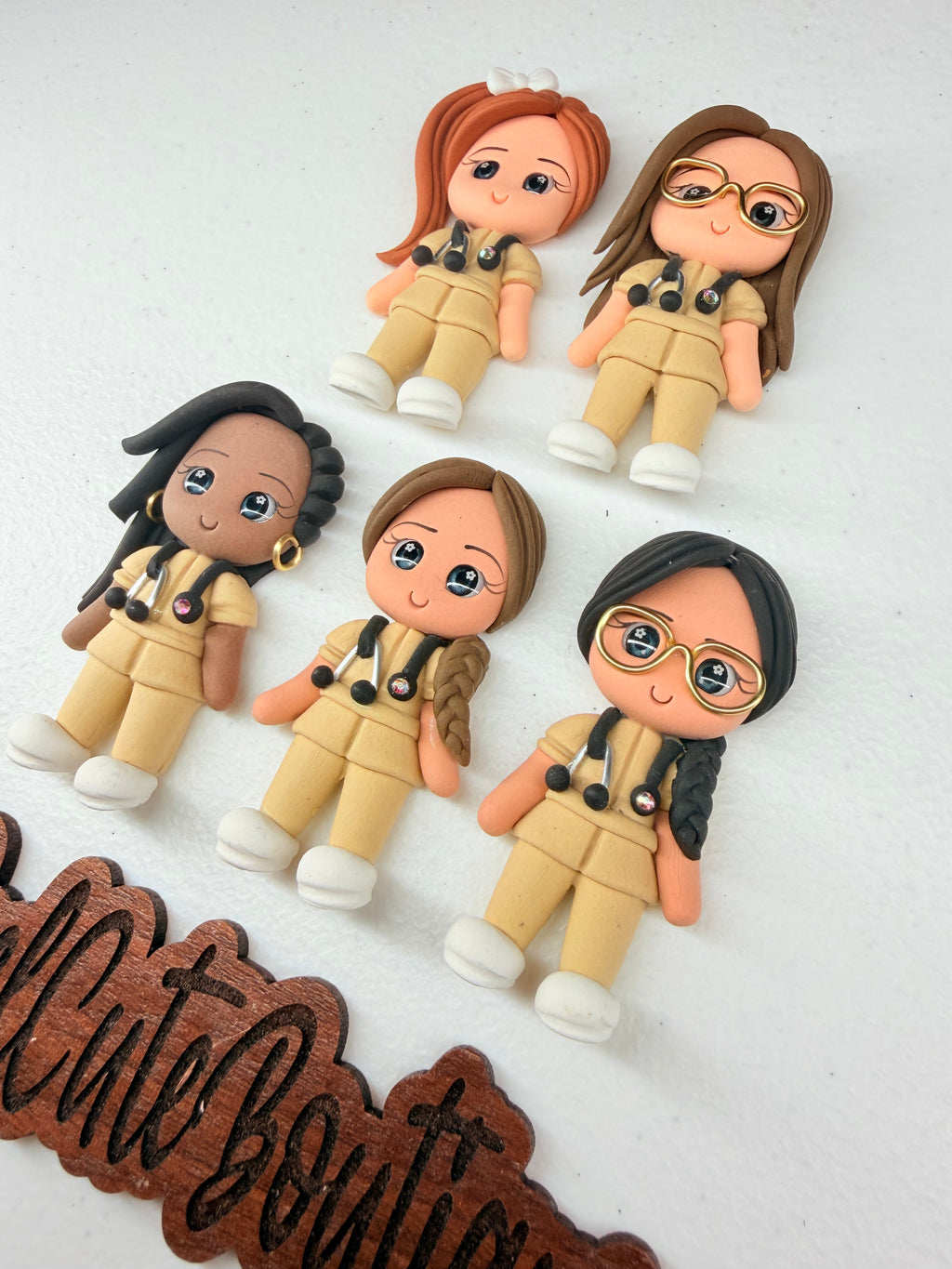 Healthcare Girl Clay Tan Scrubs Figure Badge Reel | Rhinestone Embellished ID Holder