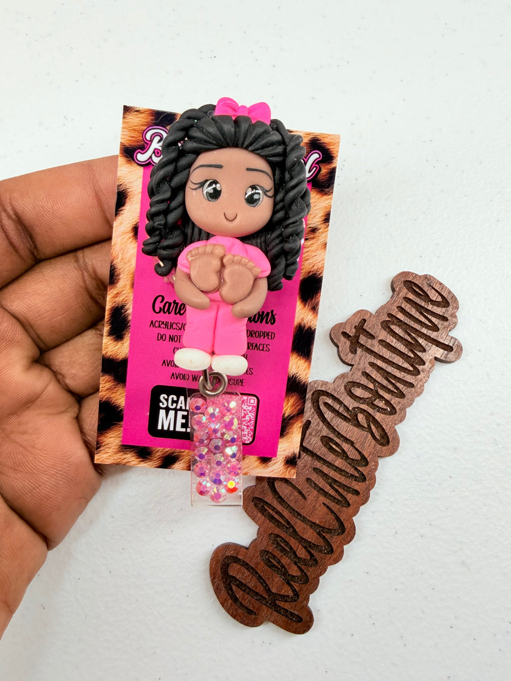 Labor & Delivery Nurse Bedazzled Badge Reel | Clay L&D Nurse Doll with Baby | Maternity Nurse Badge Holder | Healthcare ID Reel