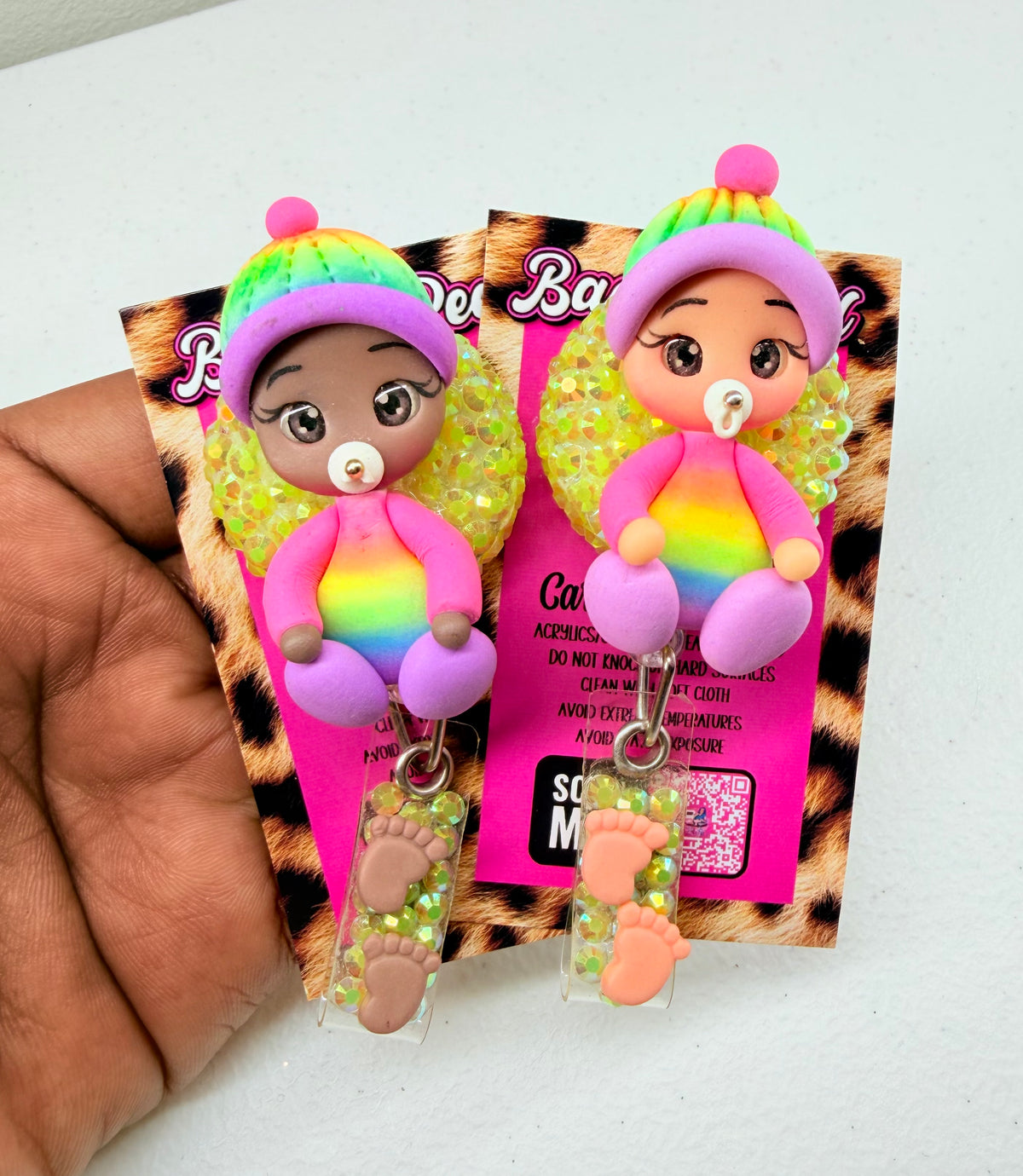 Rainbow Clay Baby Badge Reel | Cute Baby ID Badge Holder | Rhinestone Badge Reel