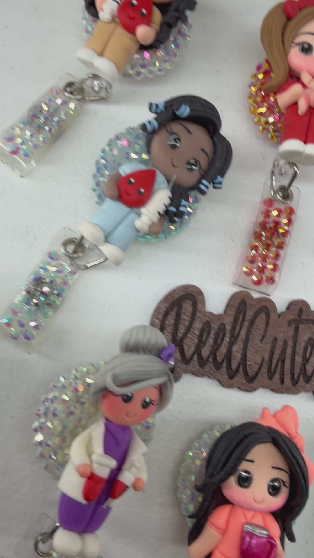 Healthcare Girl Clay Figure Badge Reel | Rhinestone Embellished ID Holder