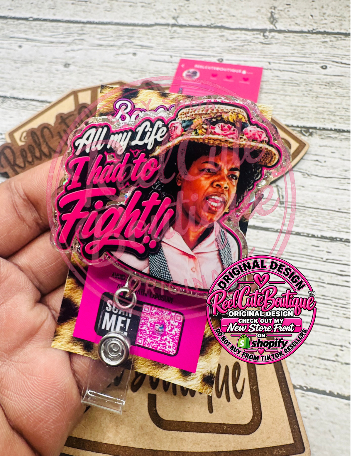 Fighter Badge Reel | Pink Ribbon Awareness Retractable ID Badge Holder | Inspirational Badge Reel