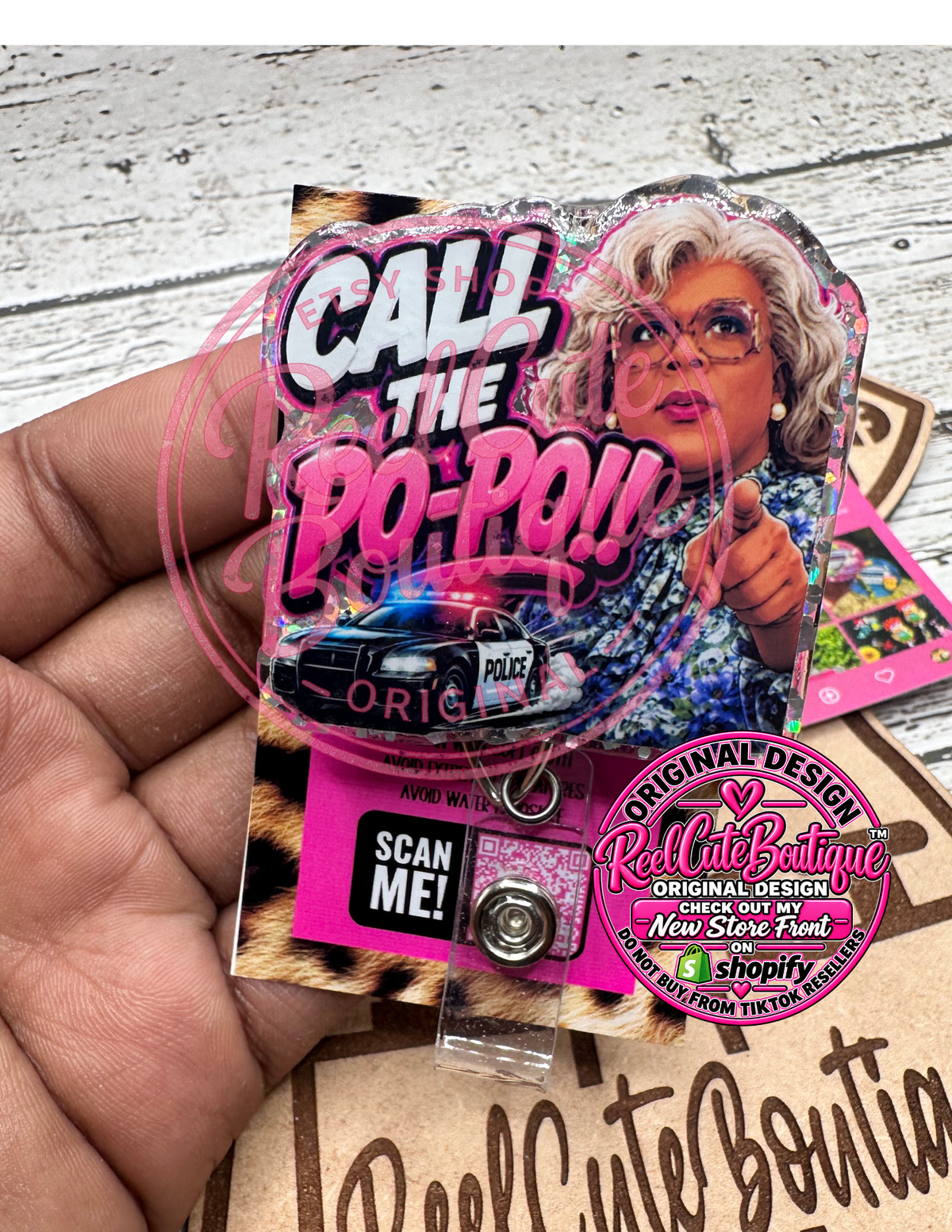 Call the Po-Po Badge Reel | Funny Madea Inspired Acrylic Badge Reel | Sassy Retractable ID Badge Holder | Police Humor Badge Reel