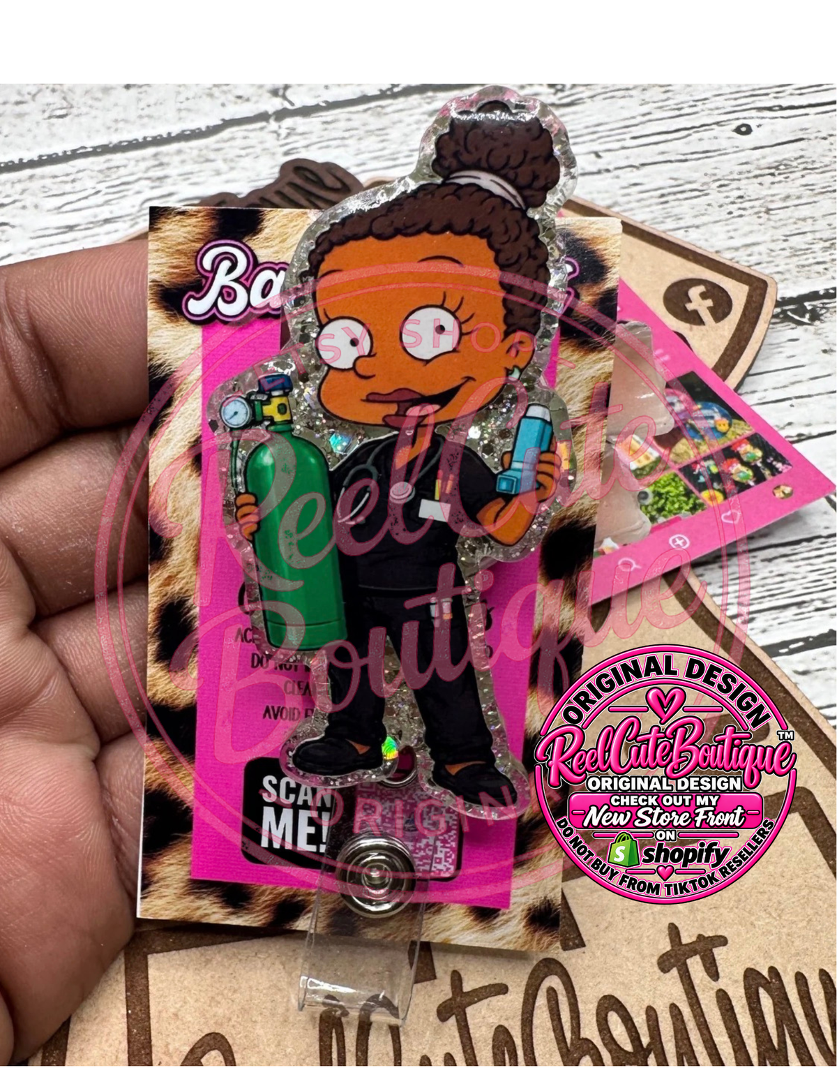 Healthcare Girl Badge Reel | Black Scrubs Medical ID Badge Holder