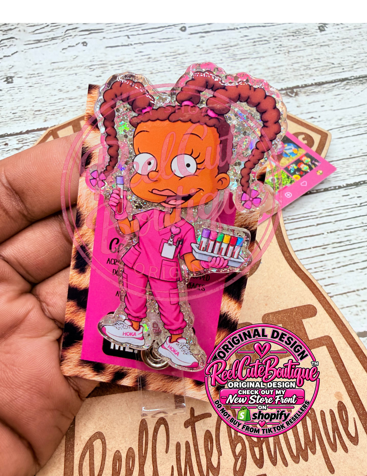 90s Cartoon Phlebotomist Badge Reel | Pink Scrubs Healthcare ID Badge Holder